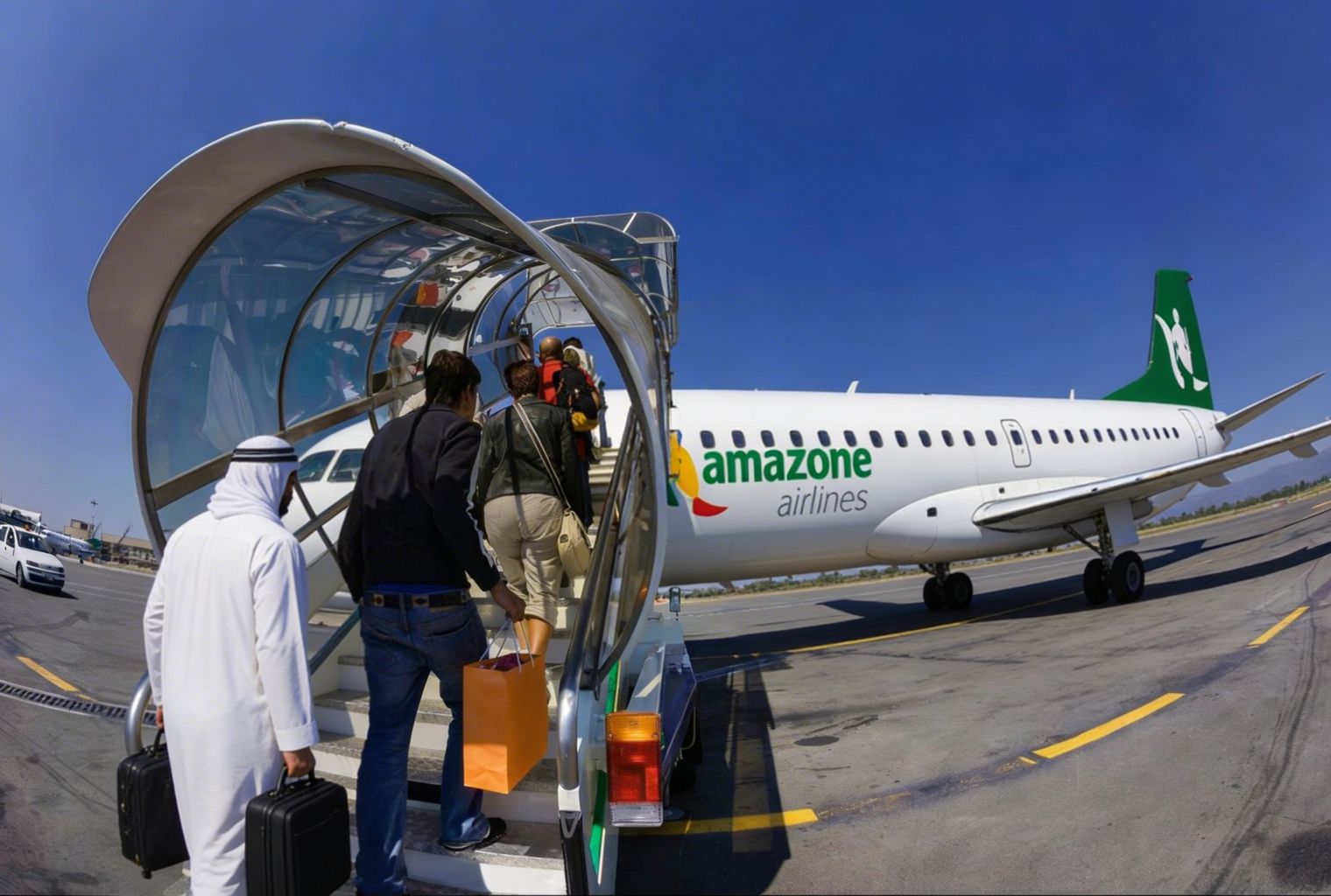 Passagers embarquant à bord d'un avion Amazone Airlines