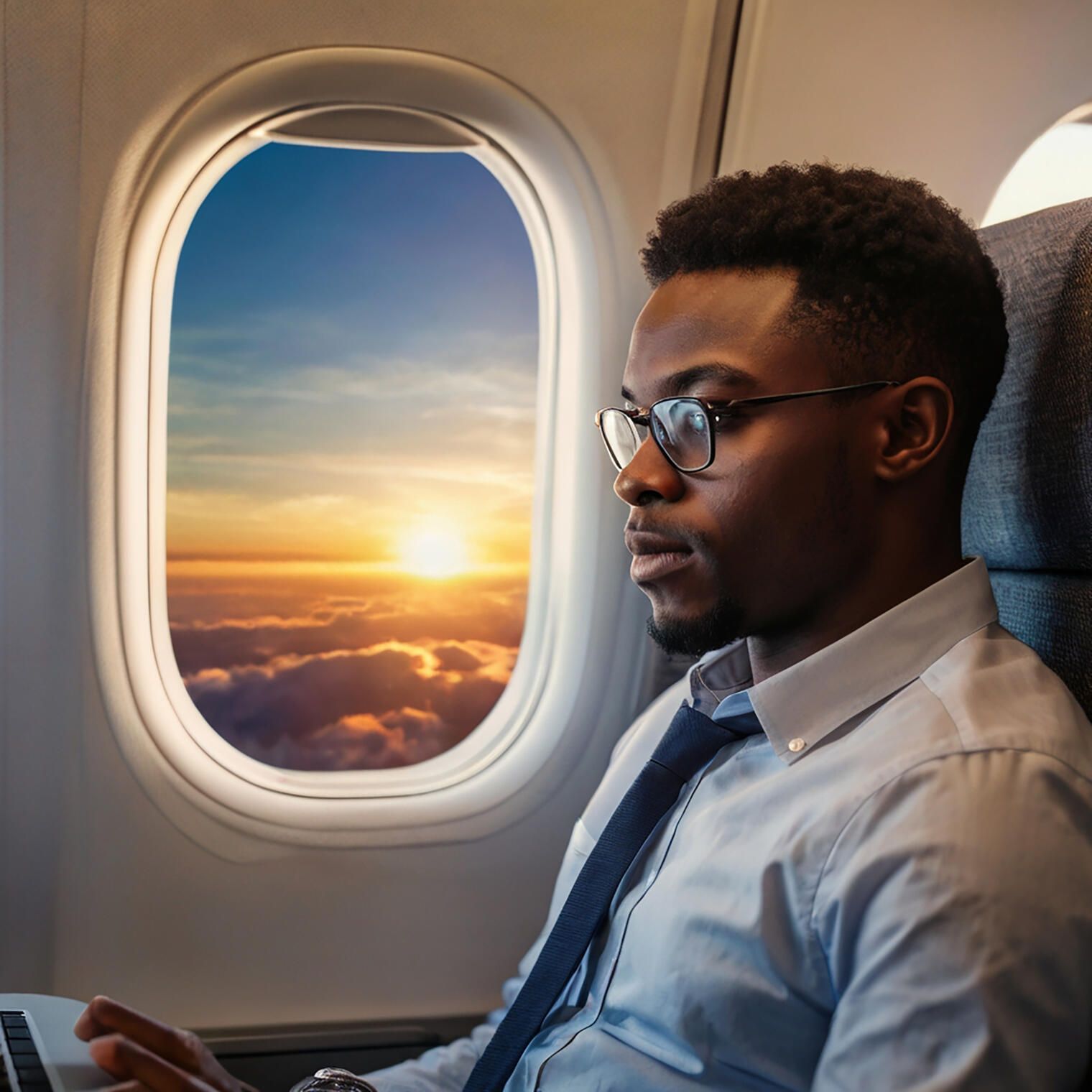 Passager regardant le coucher de soleil par le hublot